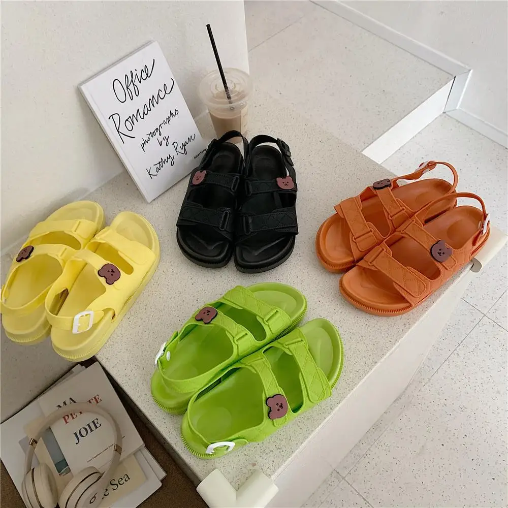 

Women's Sandals 2021 Summer Roman Bear Cartoon Slippers Lolita Kawaii Shoes Platform Lace-Up Goth Casual Flats