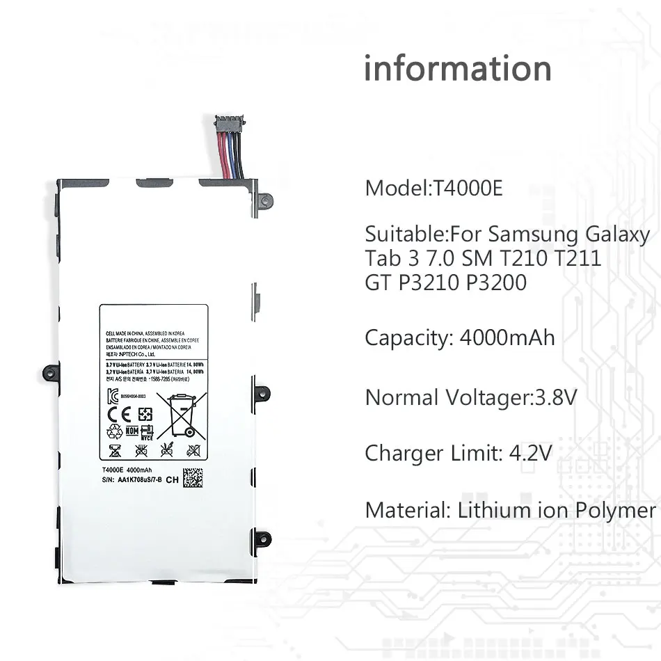 Ykaiserin 4000 мА/ч, T4000E Батарея для samsung Galaxy Tab Tablet 3 7,0 T211 T210 T215 T210R T217A SM-T210R T2105 P3210 P3200