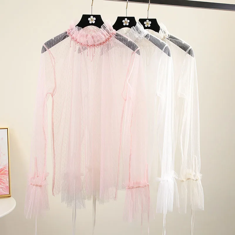 Розовая сетчатая рубашка для женщин 2019 темперамент Фея бисера кисточкой рог