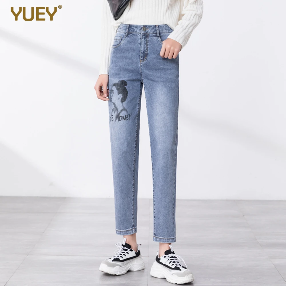 Женские укороченные джинсы YUEY синие дамские шаровары с принтом высокой талией