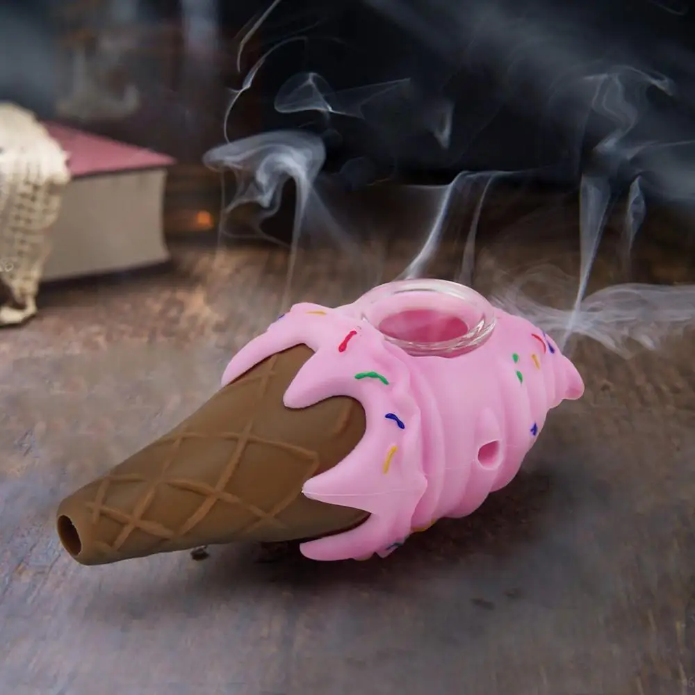 

pink Funny Ice cream pipe silicone Smoking Pipe with with Clean Cover and Decorative Bowl Interior