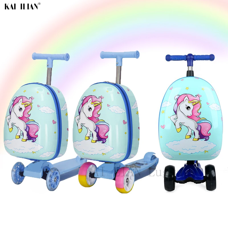 Cartoon scooter suitcase kids travel luggage on wheels ride children's carry on trolley luggage bag gift Skateboard Case Lazy