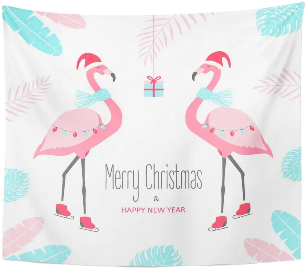 Гобелен Розовый праздник Рождество Фламинго акварель Счастливое животное птица