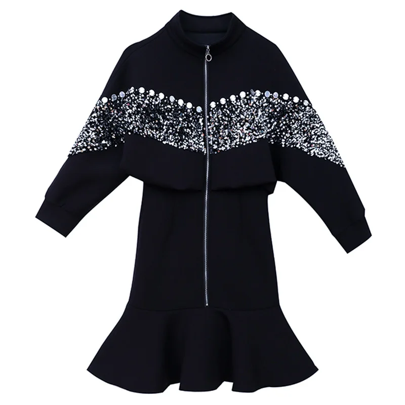 

Casual Womens Elegant Black Mermaid Dress Knee Length Sequin Dress Zippers O-Neck Slim Batwing Sleeve Fashion Ruffle Dress