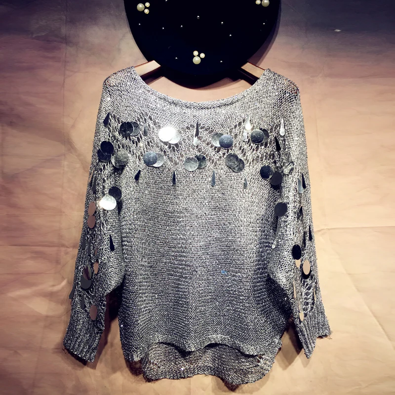 Женский крючок свитер с вырезами и блестками тонкий свободный пуловер дырками