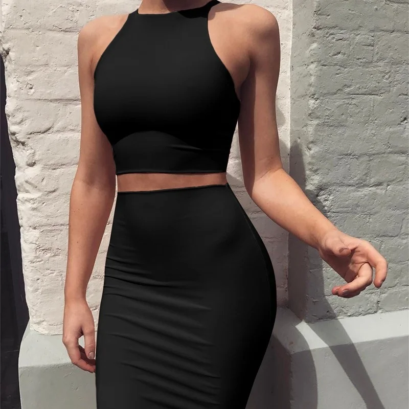 

4-color Ladies Round Neck Sleeveless Suit Mid Skirt Slim Two-piece Vest Dress