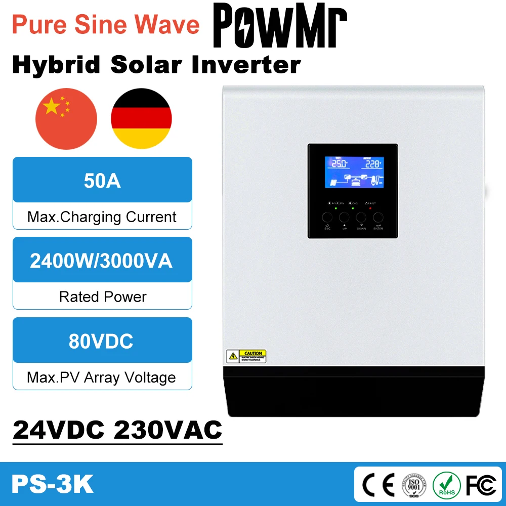 3KVA Pure Sine Wave Hybrid Solar Panel Inverter 3000W Converter DC24V to AC220V Battery Built-in PWM 50A AC Charger Controller