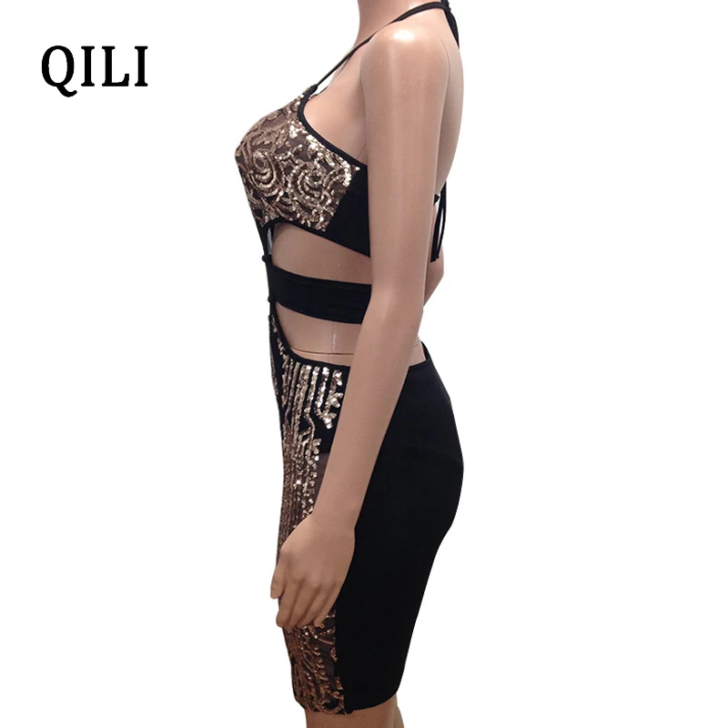 QILI туфли украшенные пайетками летнее платье сексуальное с открытыми плечами