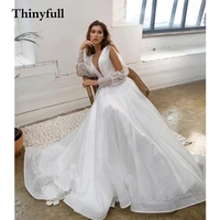 thinyfull 2021 long bling glitter v neck boho wedding dresses beach a line long sleeves back button bride marriage dress