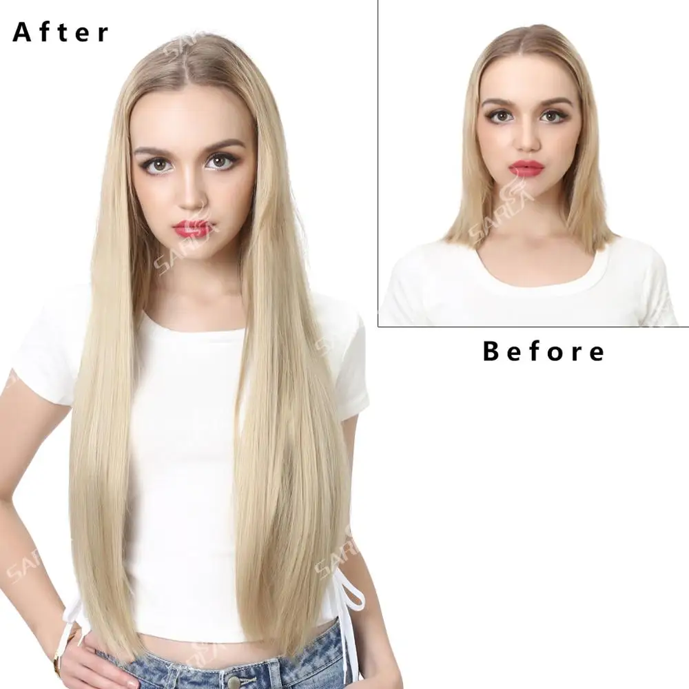 Half Wig Clip in Synthetic U Part 3/4 Long Straight 28" Thick Hair Extensions Natural Hairpiece For Women Black Brown 02 |