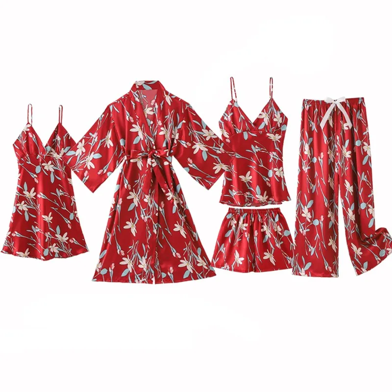 

Print Polka Dot Pajamas Set Pink Lace Sleep Set Women Satin Kimono Gown Femme Pijamas Suit Casual 5PCS Sleepwear Home Clothes