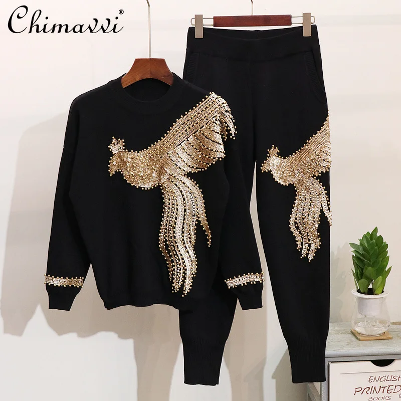 

European Style Fashion Suit 2021 Heavy Sequins Beaded Phoenix Loose Sweater Casual Trousers Knitted Women's Clothing 2pcs Set
