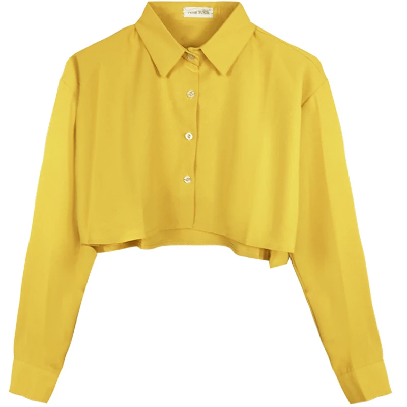 

Shirts Women Solid Simple Turn-down Collar Long Sleeve Sweet Crop Tops Student Korean Style Retro Slim Womens Shirt Blouses Chic