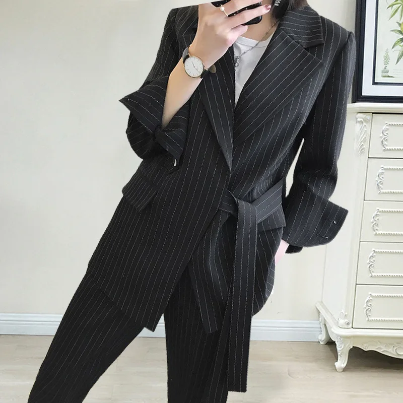 Женский Осенний брючный костюм элегантный свободный длинный пиджак в полоску
