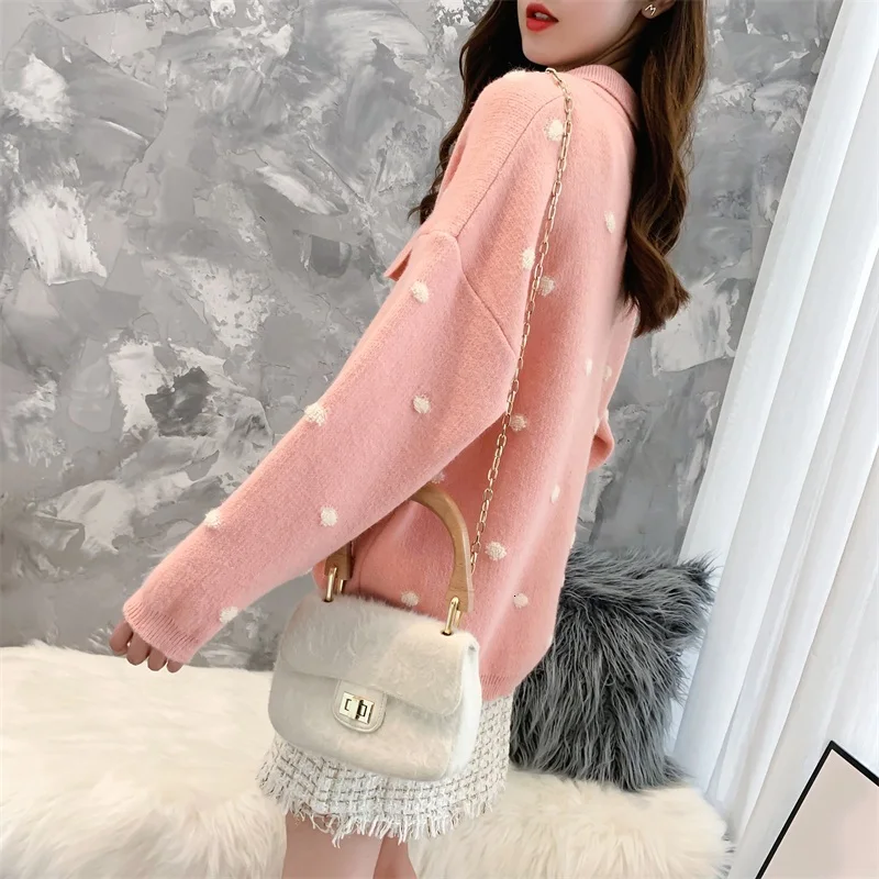 H.SA Women Winter Sweaters Long SLeeve Crew Neck Pink Pullover and Sweater Polka Dots Bow Sweaters Kawaii Knitwear Tops