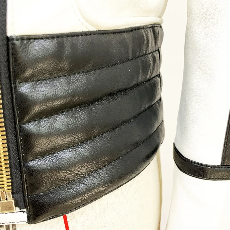 

Newest HIGH STREET Fashion 2021 Designer Jacket Women's Black White Color Block Synthetic Leather Motorcycle Jacket