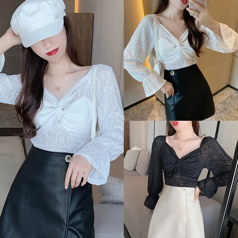 

Fashionable Cross V-neck Design Long-sleeved Lace Shirt Women's Flare Sleeve Temperament Tops and Blouse 2020 undefined