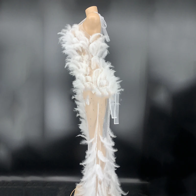 Длинное платье на день рождения Прозрачное стразы с перьями Бандажное певец