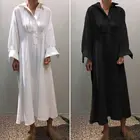 Женское длинное платье-рубашка ZANZEA, повседневный однотонный свободный сарафан из хлопка и льна с отложным воротником и длинными рукавами, весна 2019