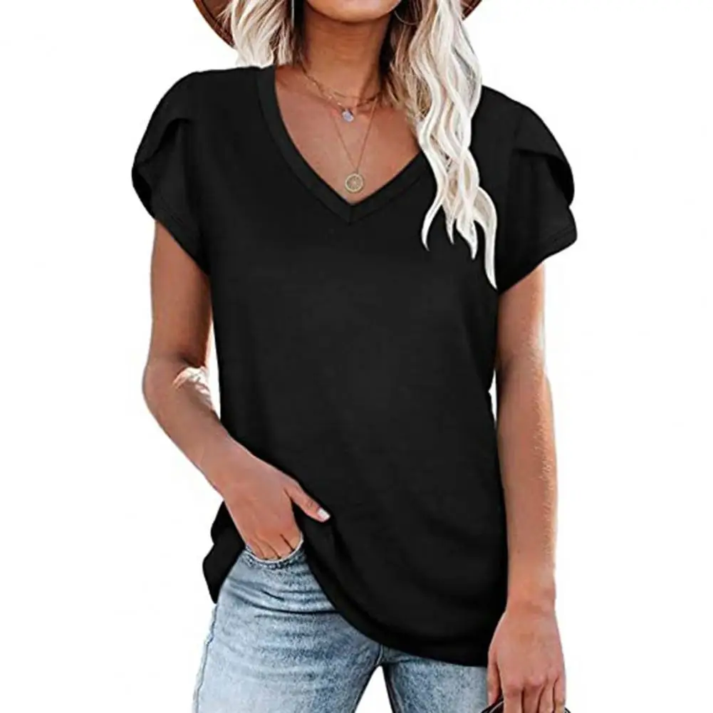 

Casual Summer Women T-shirt V Neck Solid Color Short Sleeve Loose T-shirt Tee Shirt Loose Basic Top