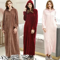 women winter extra long warm flannel nightgowns hooded zipper coral fleece sleepshirts plus size men bath robe lovers sleepwear