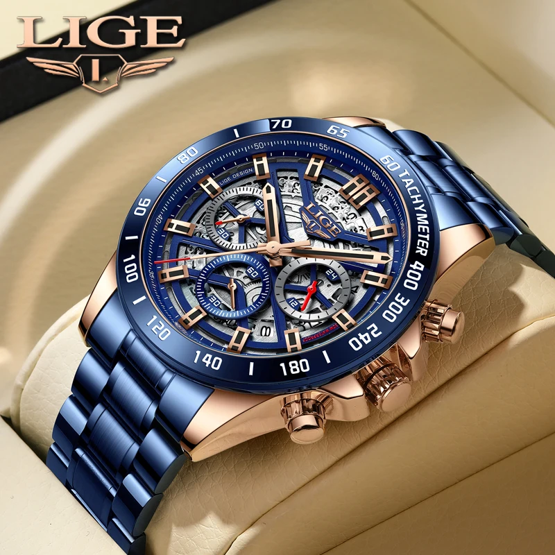 

Mens Watches LIGE Top Brand Luxury Blue Stainless Steel Hollow Quartz Watch Men Fashion Waterproof Chronograph Relogio Masculino