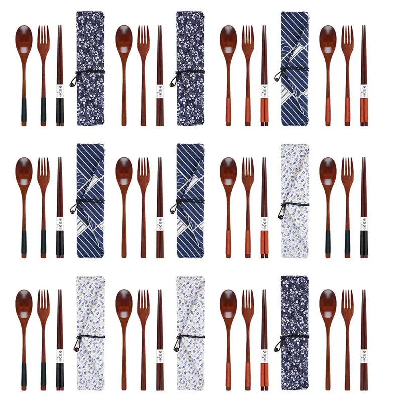 

3 Pcs/set Portable Tableware Wooden Cutlery Sets With Useful Spoon Fork Chopsticks Travel Gift Dinnerware Suit With Cloth Bag