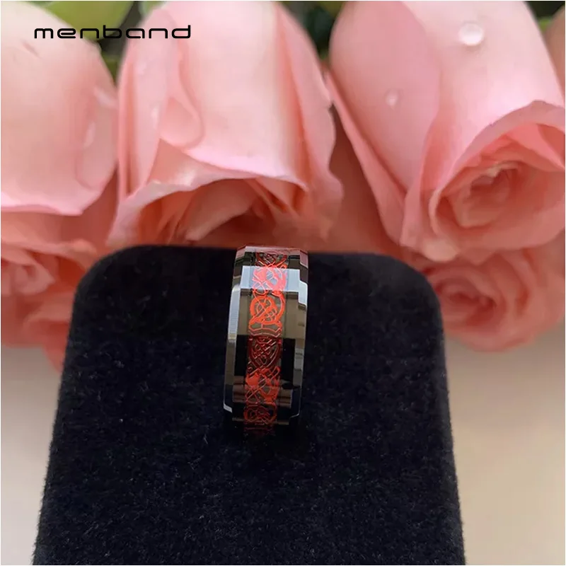 Черное кольцо из карбида вольфрама обручальное с драконом инкрустацией черного