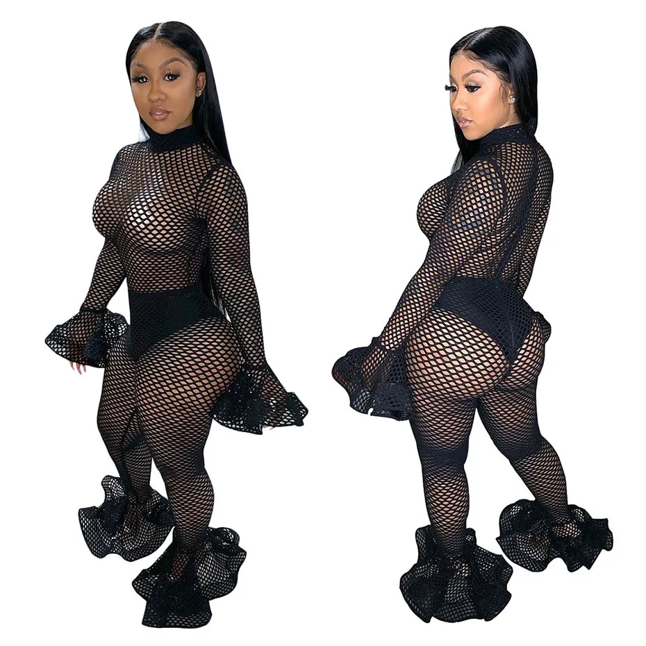 HAOYUAN Sexy Fishnet Sheer Rompers Womens Jumpsuit Long Sleeve Bodycon Overalls Festival Clothing Fall Club One Piece Jumpsuit