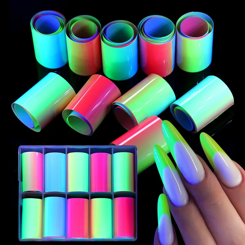 

10 Rolls/Box Fluorescent Colorful Nail Art Transfer Stickers Mirror Nail Foils Snake Leopard Print Nail Decals DIY Manicures