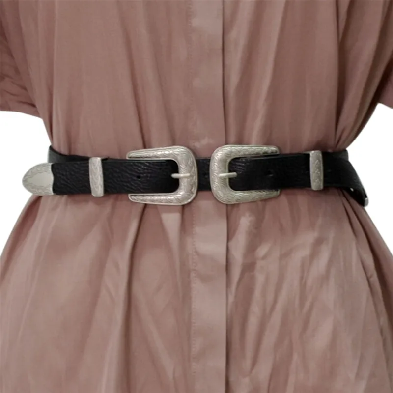 

86 CM Lady Vintage Metal Boho Leather Double Buckle Waist Belt Waistband