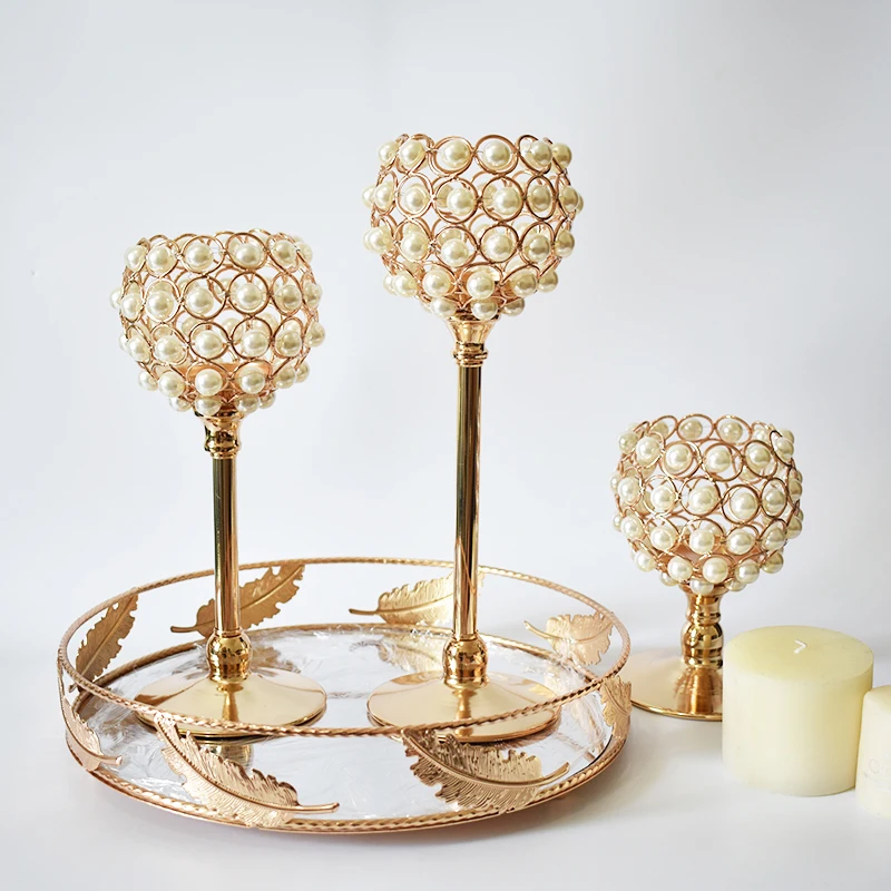 

European Small Tea Light Candle Lantern Imitation Pearl Candle Holders Wedding Party Centerpieces Decor Home Gold Candlestick