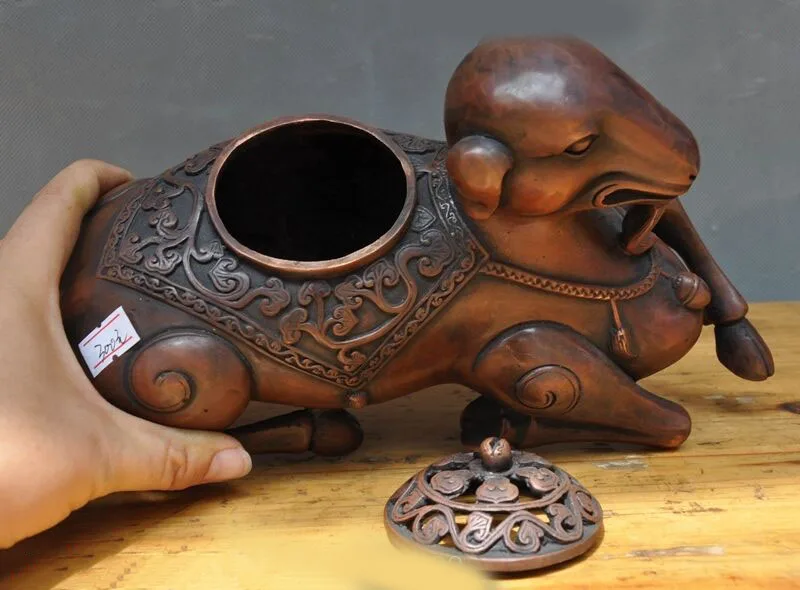 

wedding decoration 10"Old Chinese palace bronze temple animal sheep statue Incense burner Censer
