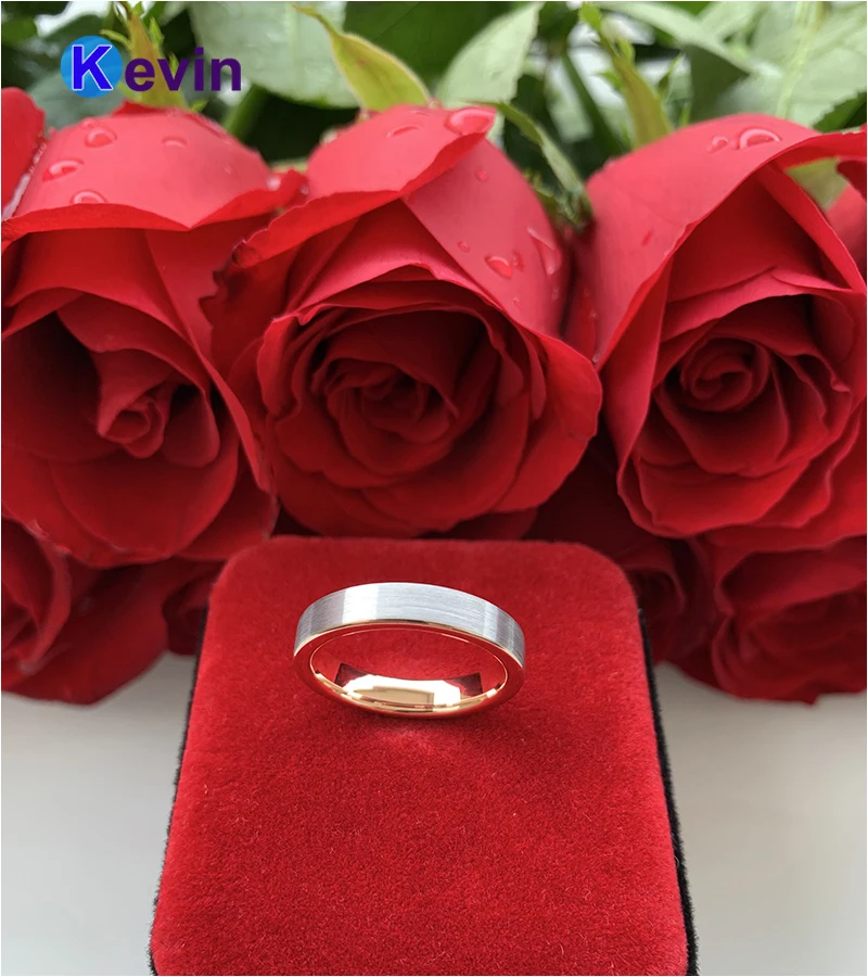 Женские обручальные кольца вольфрамовые розовое золото плоская лента 4 мм и