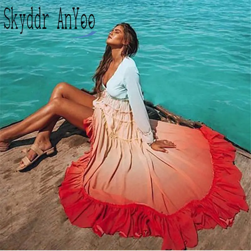 Женское платье макси в стиле бохо градиент цвета радуги с длинным рукавом