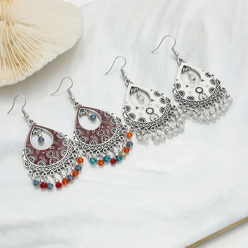 

Bohemian Vintage Crystal Beads Tassel Earrings Jewelry Gift Ethnic Colorful Geometric Hollow Drop Dangle Earrings for Women