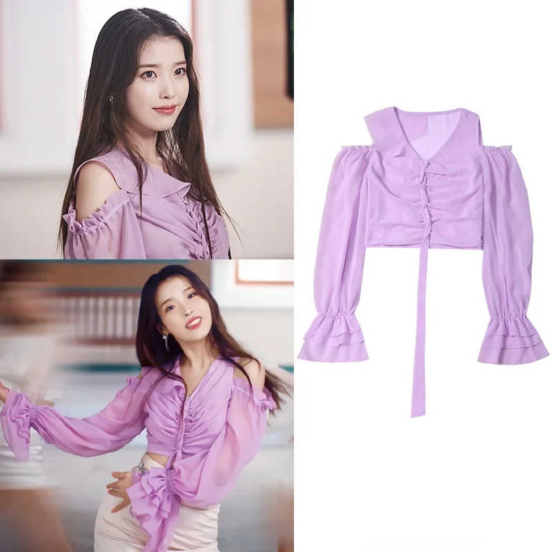 

Kpop IU Lee Ji Eun Stage Summer Long Sleeve Perspective Chiffon Shirt Women Off-Shoulder Pullover Lace Short Blouses Slim Tops