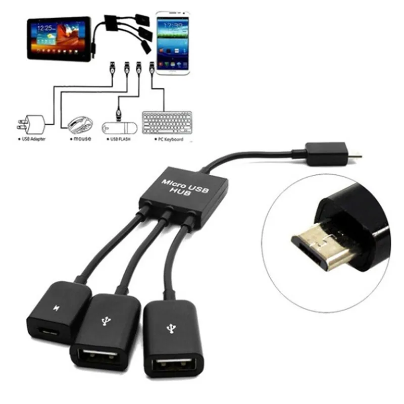 

Micro USB Host OTG Charge Hub Cord Adapter Splitter Black 3 in 1 Cable 20cm for Android Smartphones Tablet