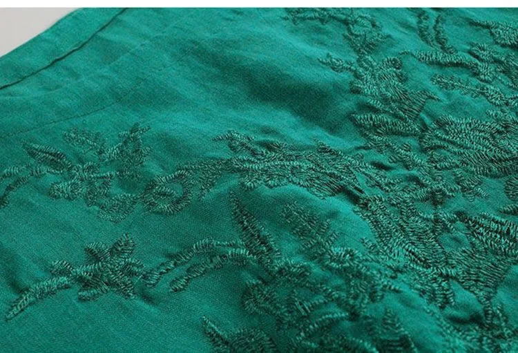 Женская льняная блузка с вышивкой Повседневная Свободная зеленого и белого