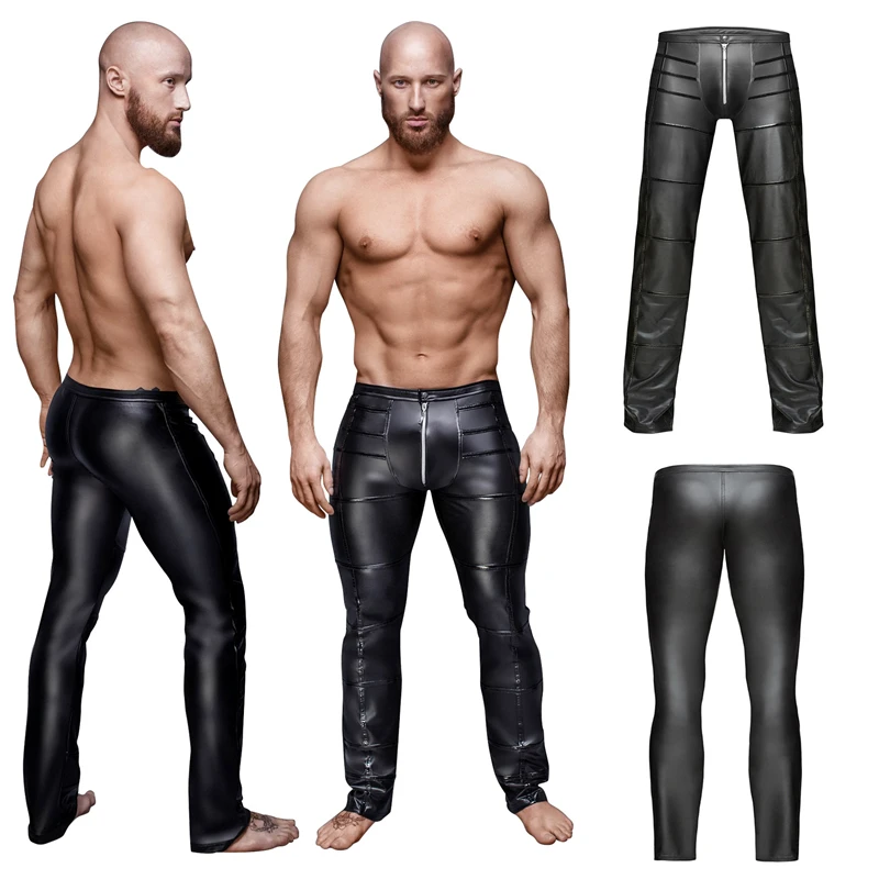 

Sexy Wetlook Mens Tight Long Leggings Pants PVC Leather Zipper Crotch Legging Trousers Clubwear Fetish Gay Wear for Pole Dance