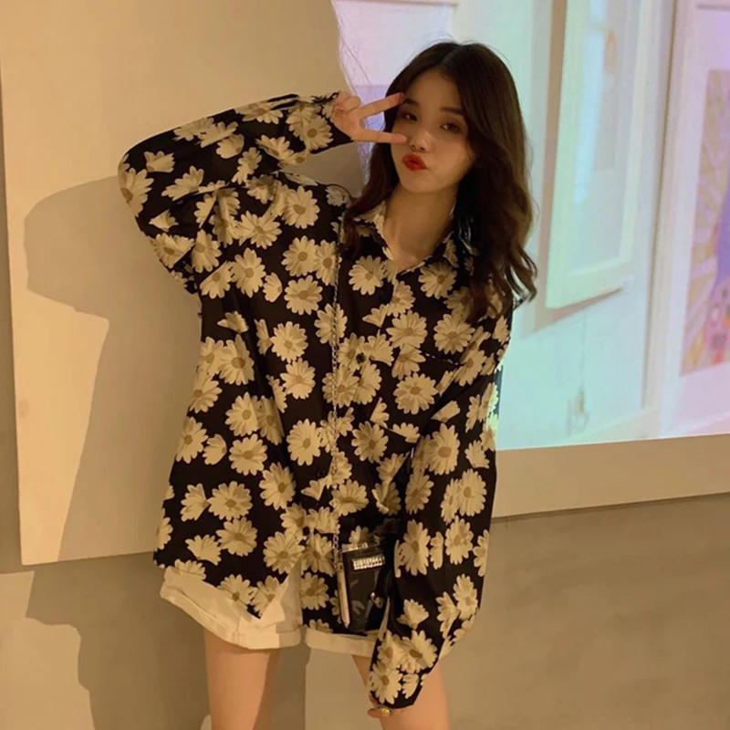 Женские топы и блузки 2020 блузка с длинным рукавом цветочным принтом в Корейском