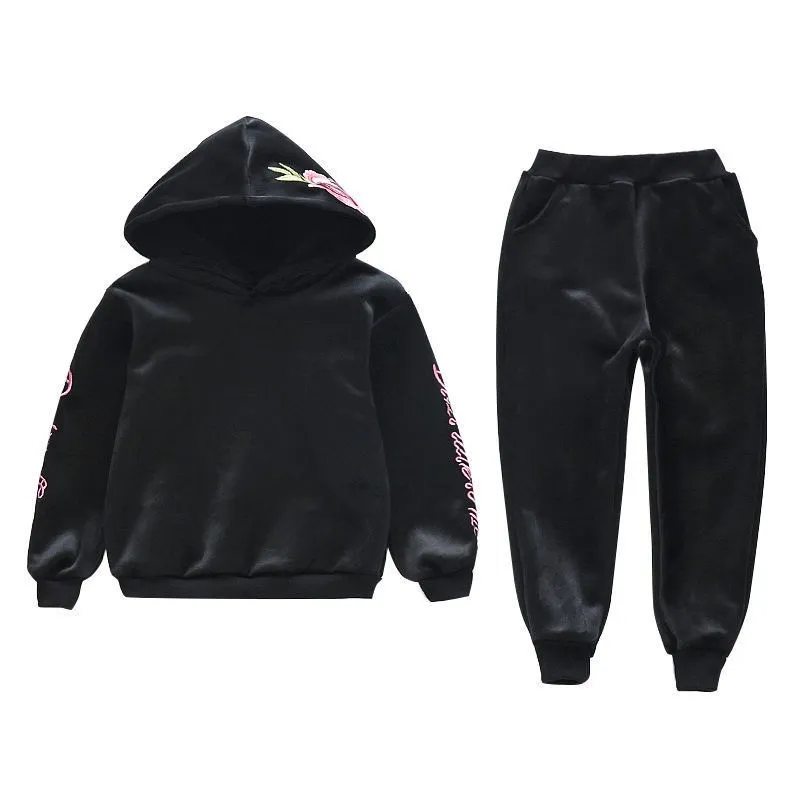 Новый Бархатный комплект одежды с капюшоном для девочек вышивкой Детская куртка