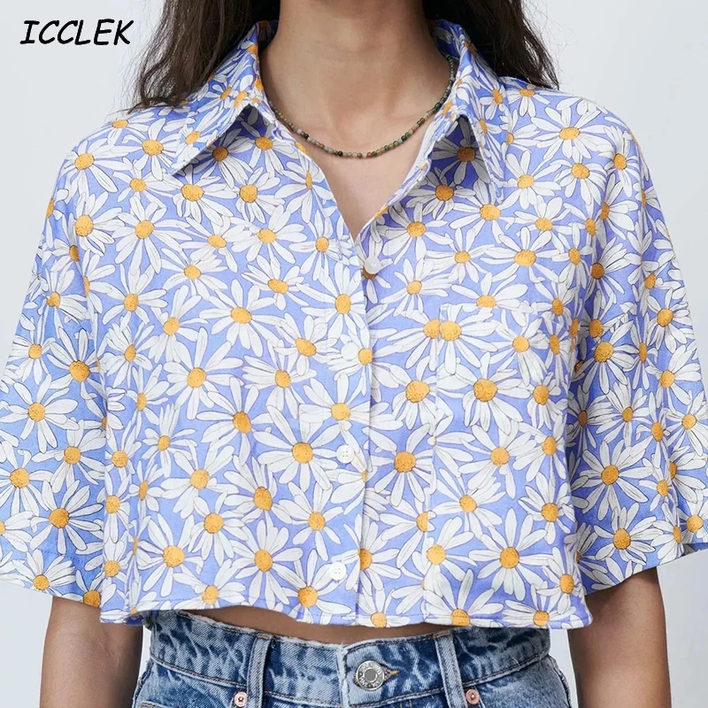 

Za Women's Crop Tops ang Blouses Summer Floral Printed Tshirts Oversize Short Sleeves Female Linen Vacation Mujer Blusas Fashion