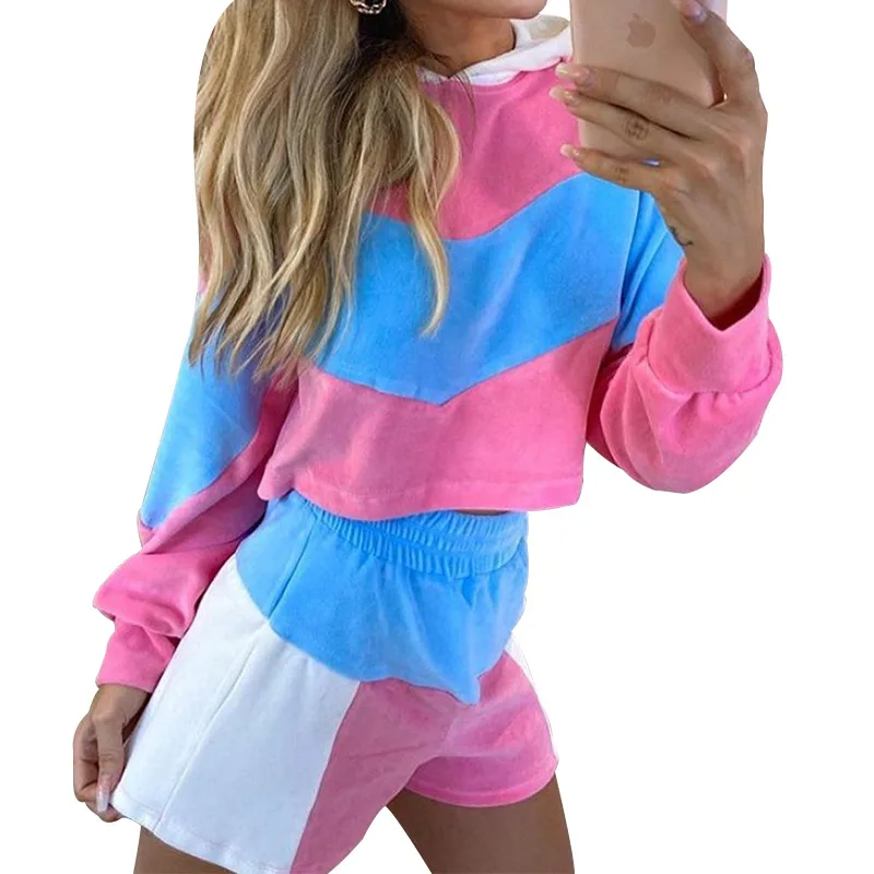 

Casual Sport Female Matching Sets Sexy Pink Women Tracksuit Two Piece Set Hooded Tops and Shorts Elastic Waist Cotton