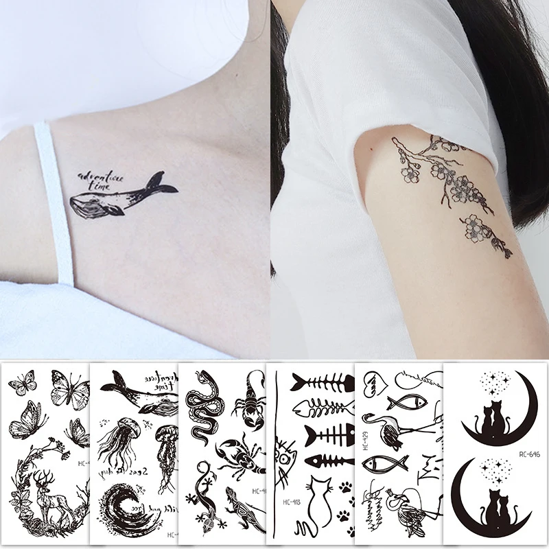 

Черные Водонепроницаемые Временные татуировки, цветы, тотем, перо, животные, женские руки, ноги, модные татуировки для боди-арта, наклейки, о...