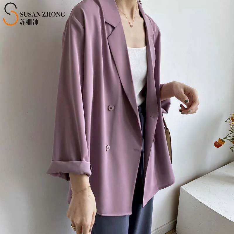 

Women Blazer Suit Jacket Female Coat 2021 Summer Elegant Minimalist Loose Straight Notched Collar Double Breasted Buttons Thin