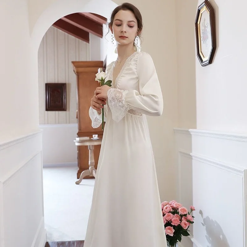 QWEEK Silk Elegant Long Nightgown Women Autumn Satin Luxury Sleepwear Lace Nightie Princess White Dress Nightdress Loungewear