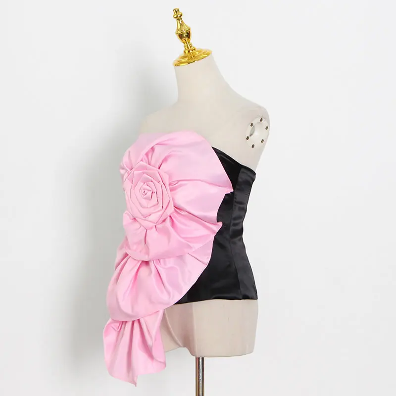 

XITAO Three-dimensional Decoration Tanks Design Sense 2021 Summer New Style Patchwork Flowers Irregular Short Pink Top WMD0850