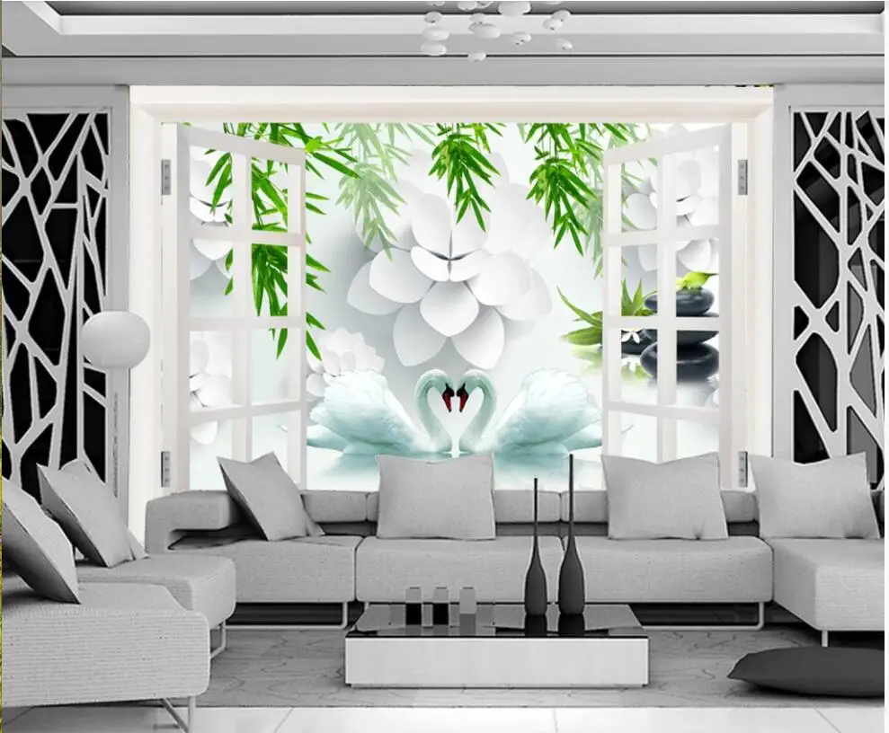

Custom mural 3d wall mural on the wall Window bamboo swan flowers background home decor photo wallpaper in the living room