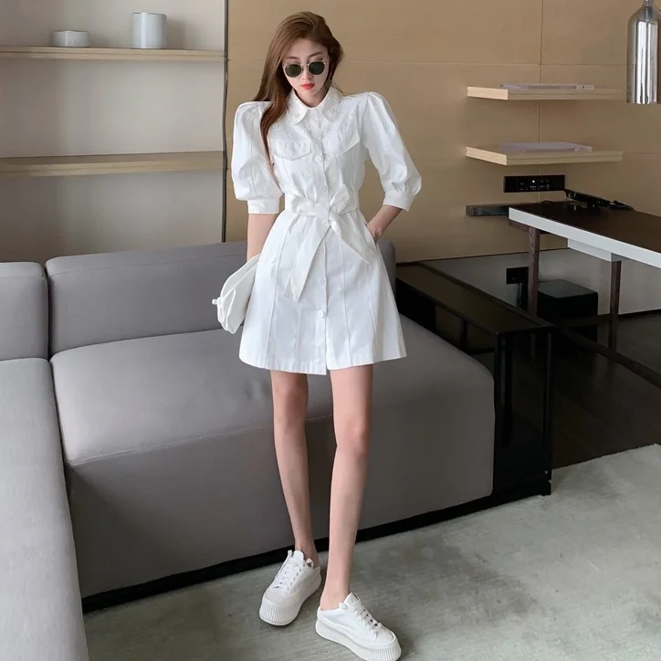 

Summer 2021 Korean Style Elegant Tied Slimming Shirt Skirt Heavy Industry French Tight Waist Beaded Dress Women's Fashion